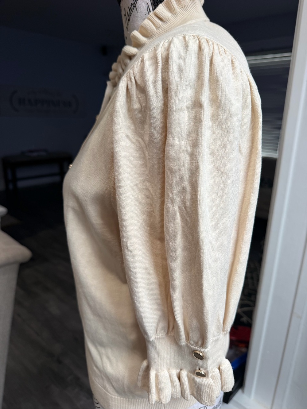 ba&sh Cream Ruffled Neck Button-Front Short Sleeve Top - Picture 3 of 10